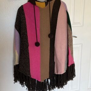 Lucky Brand Colorful Hooded Poncho with Fringe